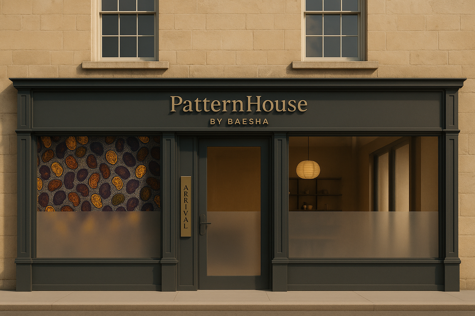 Storefront with 'PatternHouse by Baesha' sign on a beige building.